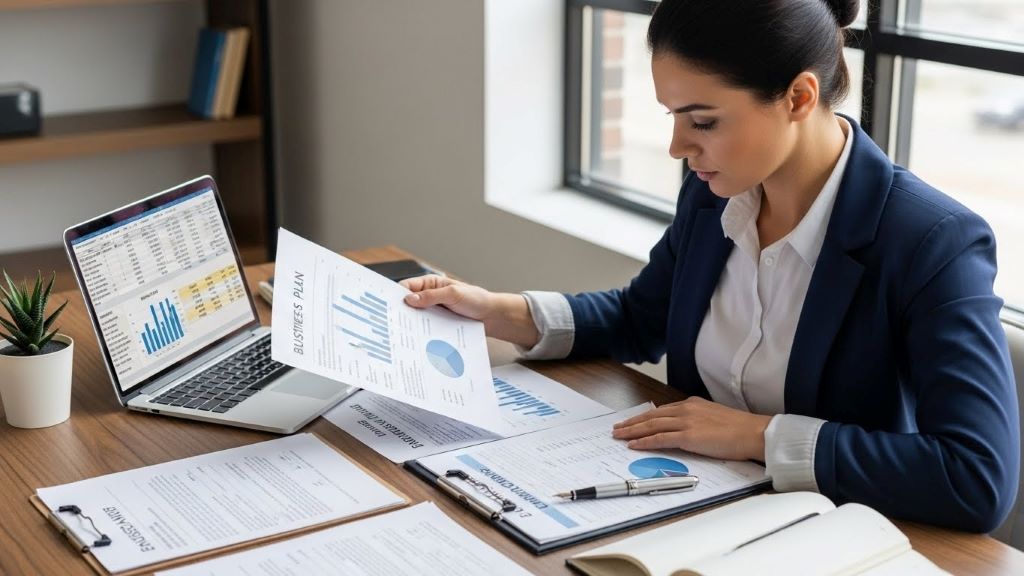 Entrepreneur reviewing business plan documents with financial charts and loan application forms on desk