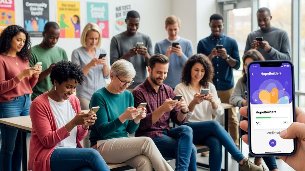 Diverse group of people holding smartphones making small charitable donations through mobile crowdfunding platform