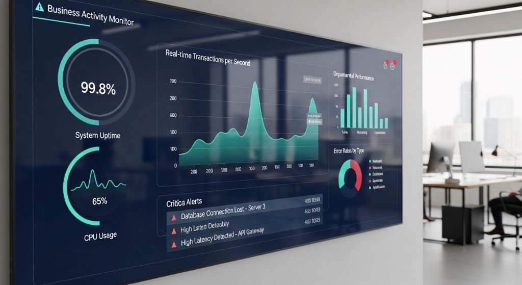A business activity monitor dashboard displaying real-time performance metrics and charts