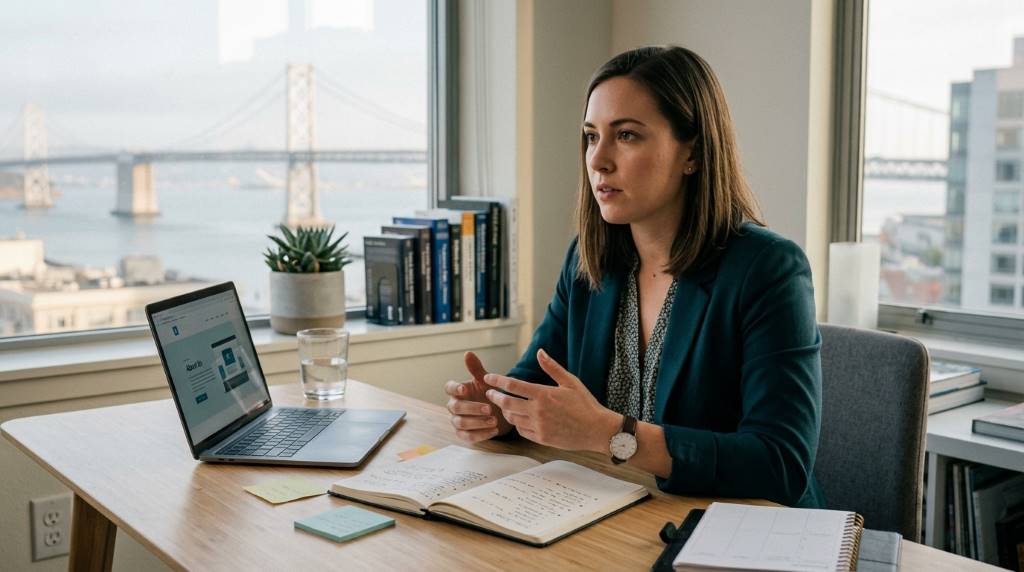 A job seeker sitting at a desk in a San Francisco apartment practicing interview answers