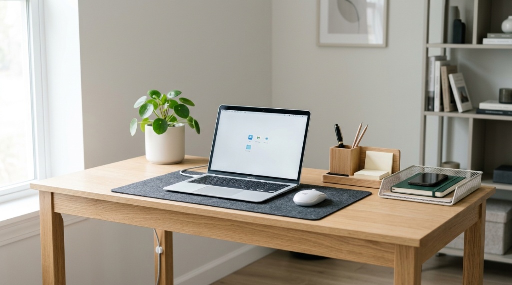 Split view contrasting a messy workspace with a clean organized desk setup.