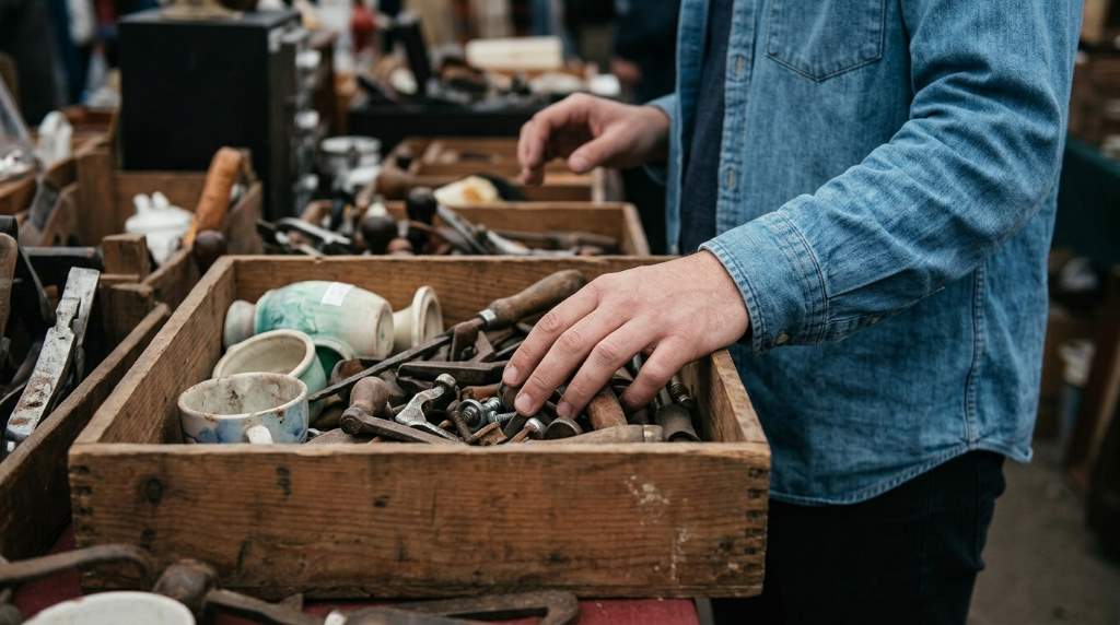 Person inspecting random thrift store items before buying