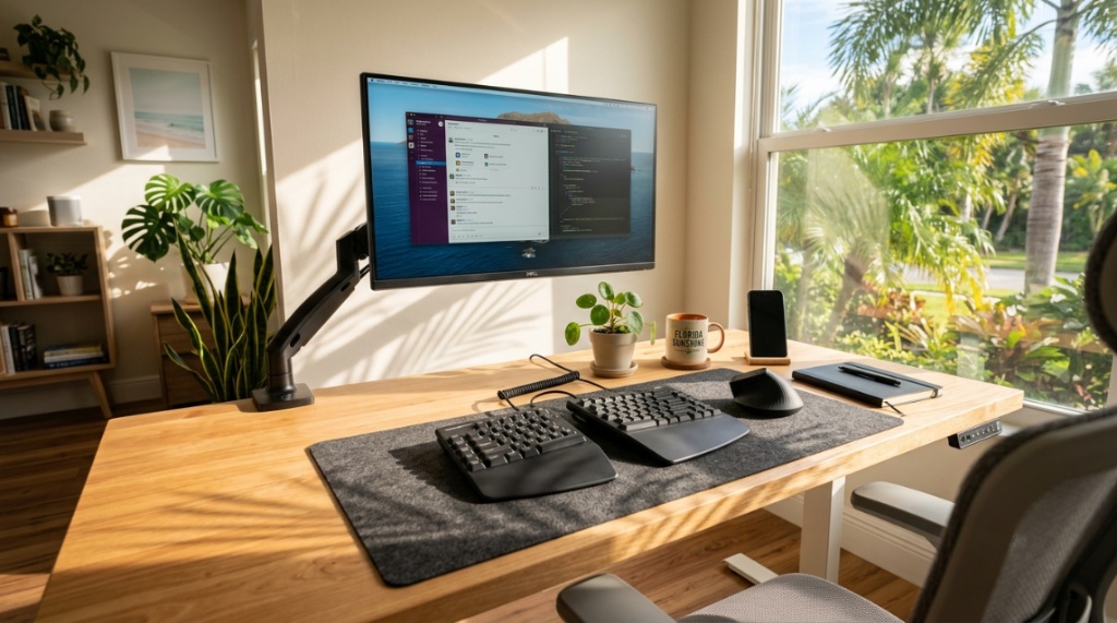 Person typing on an ergonomic keyboard at a sunny Florida desk setup.