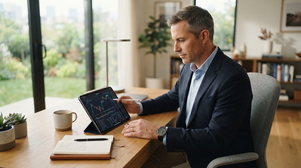 A man reviewing financial charts on a tablet at a modern office desk.