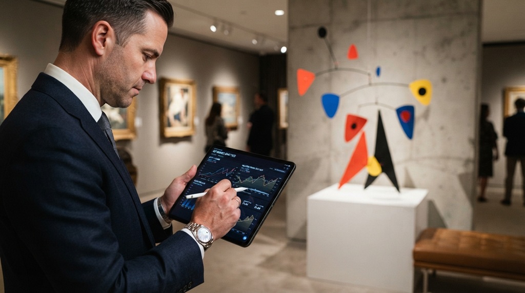 An investor analyzing modern art valuation metrics and market trends on a digital tablet.