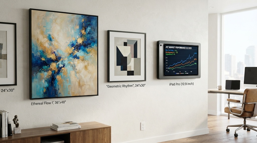 Fine art paintings hung on a office wall next to a tablet displaying financial growth charts.
