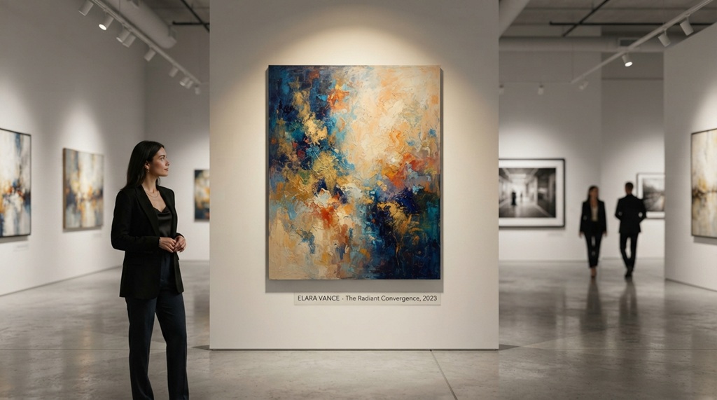 Large oil painting lit by spotlight inside a modern gallery space.