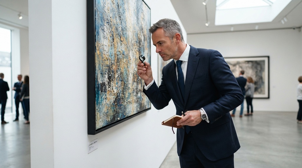 Male collector examining abstract canvas painting inside modern gallery.