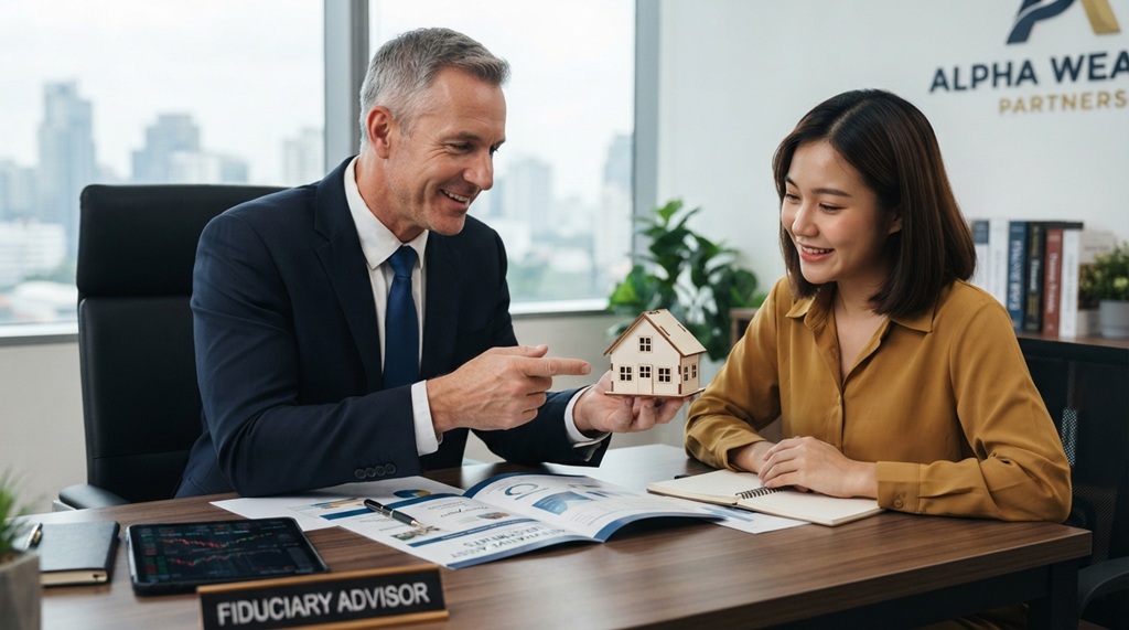 A male financial advisor showing a beginner investor a model home.