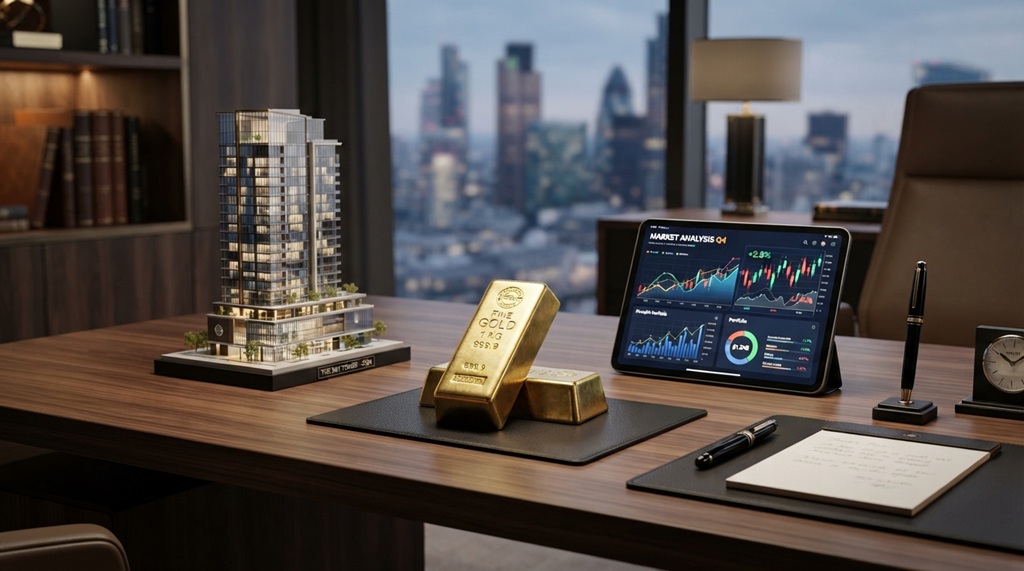 Gold ingot and real estate model on a desk displaying alternative investment returns.