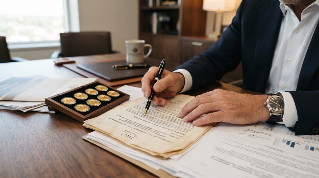 Male investor hands reviewing private equity contract and gold coins on desk.