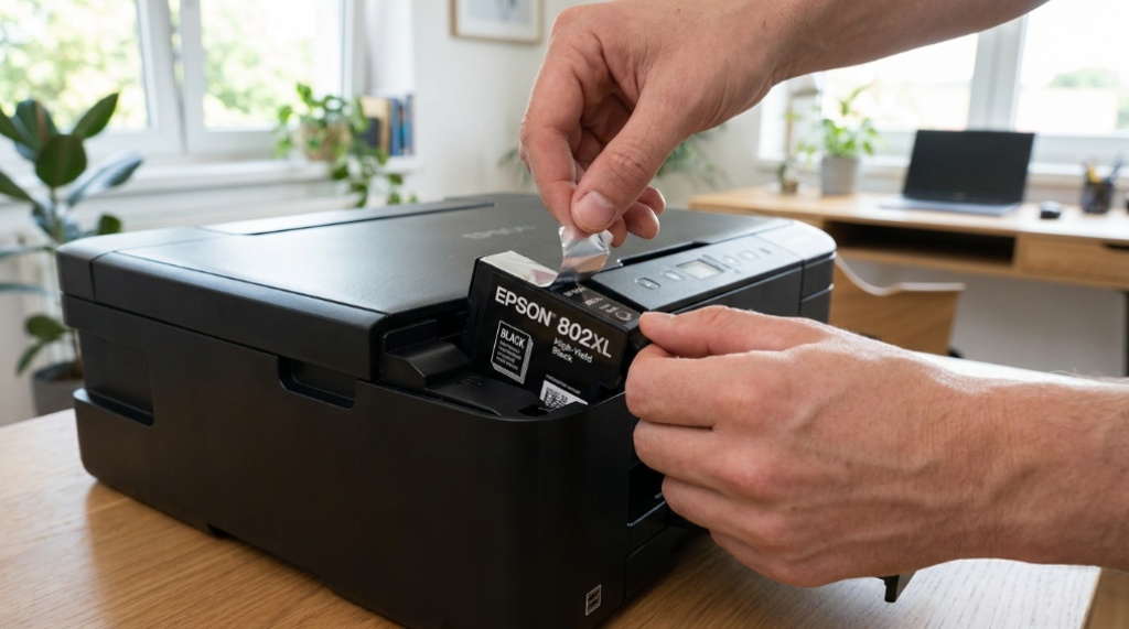 Hands opening a home office printer to install a new ink cartridge.