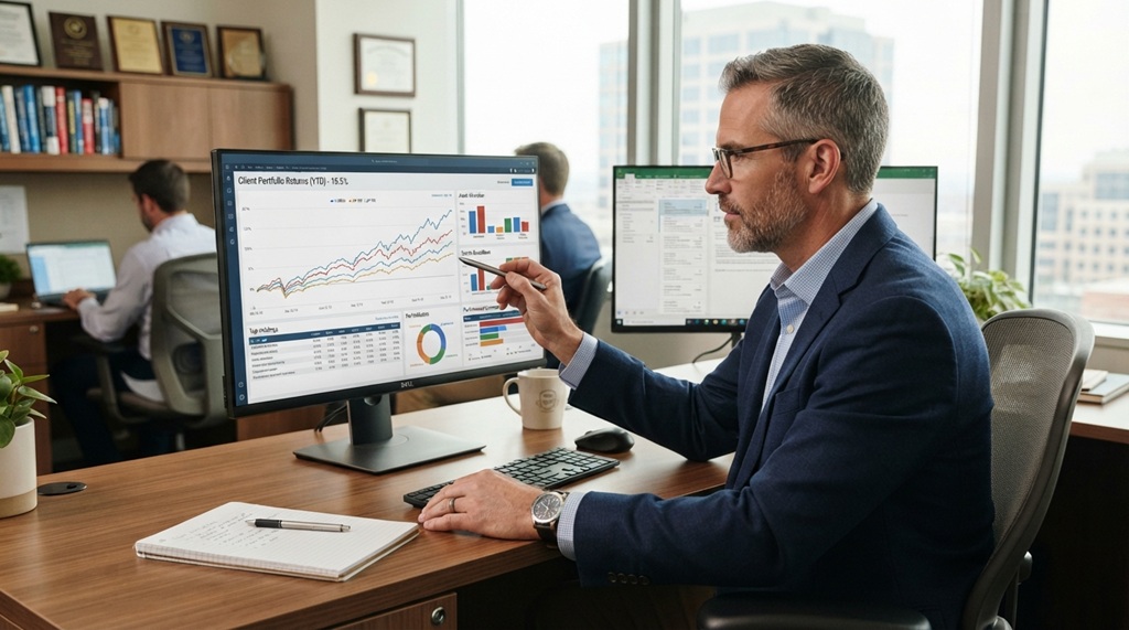 A male advisor analyzing portfolio return charts on a computer screen.