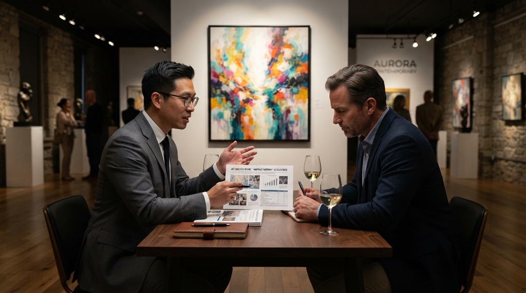 A male art advisor reviewing an artwork performance report inside a contemporary gallery.