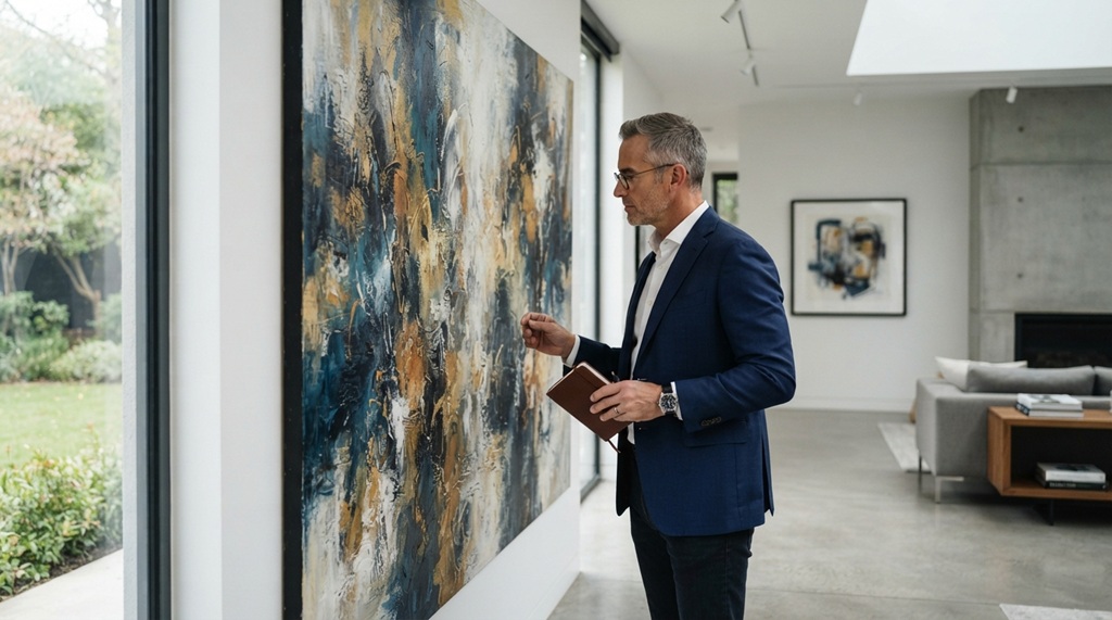 A man reviewing a large abstract canvas hanging inside a brightly lit modern gallery.