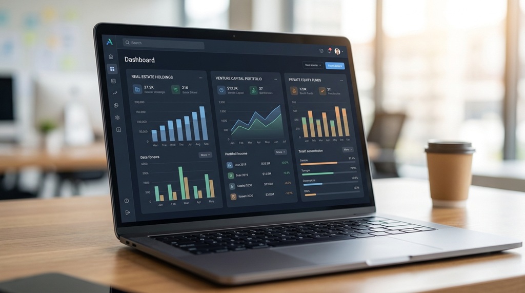 Laptop screen showing financial metrics for real estate and private equity assets.