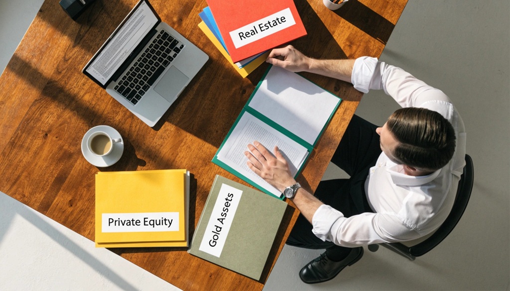 A male financial advisor organizing folders representing real estate and private equity assets.