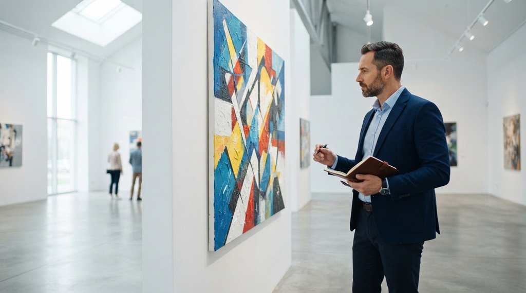 A man looking closely at a contemporary painting in a bright art gallery.
