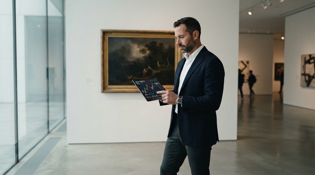 Man analyzing art investment performance metrics on tablet in modern gallery.