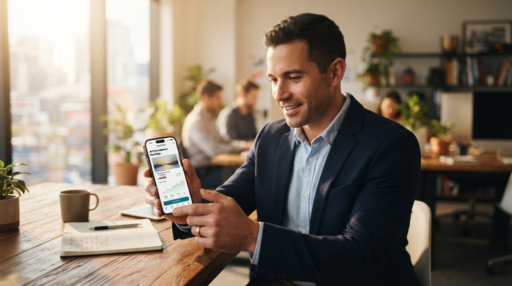 Man using phone app to trade fractional fine art investment shares.