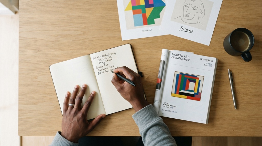 A male hand taking notes beside an art catalog and modern prints.